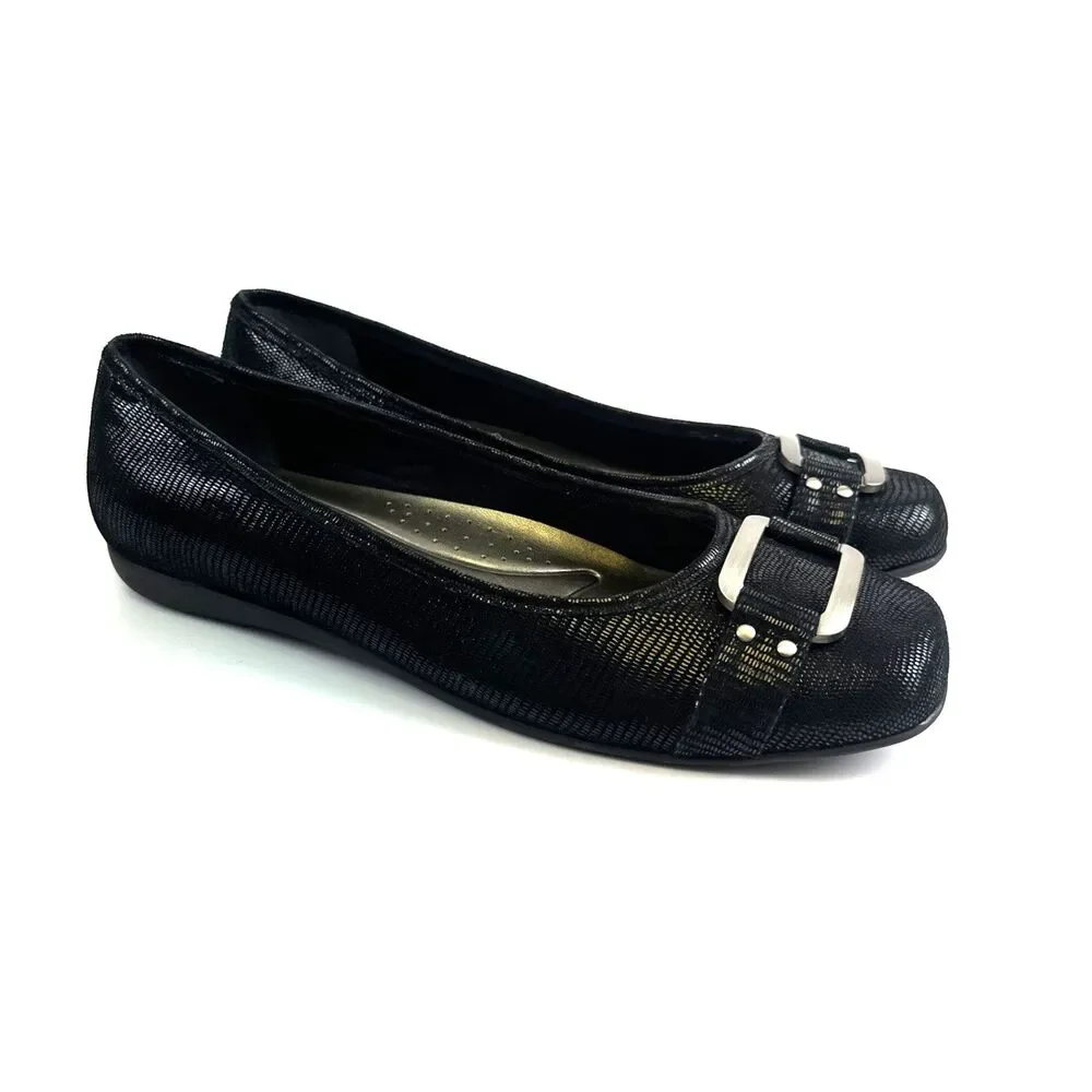 Trotters Sizzle Signature Ballet Flat Slip On Black Leather Buckle Womens 9.5 W